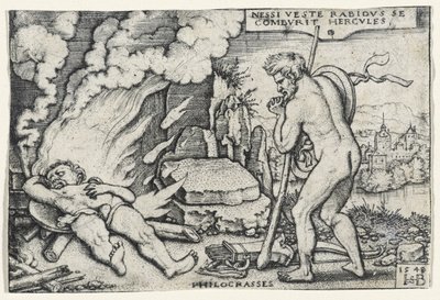 Herculesin kuolema, 1548 (kaiverrus massalevylle kiinnitetylle paperille) tekijältä Hans Sebald Beham