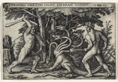 Hercules Slaying the Hydra, 1545 (kaiverrus paperille) tekijältä Hans Sebald Beham