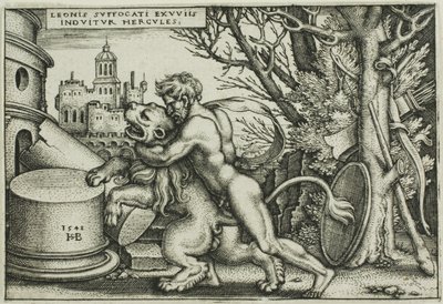 Hercules ja Nemean Lion, teoksesta The Labors of Hercules tekijältä Hans Sebald Beham
