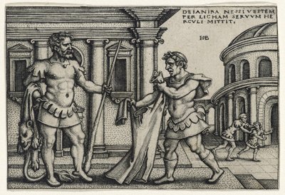 Lichas tuomassa Nessuksen vaatteen Herculesille, 1540-luku (kaiverrus taitetulle paperille) tekijältä Hans Sebald Beham