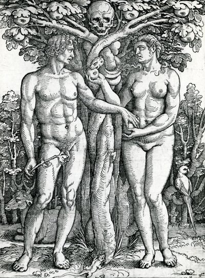 Aadamin ja Eevan lankeemus, n. 1525-27 (puupiirros) tekijältä Hans Sebald Beham