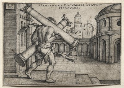 Herkuleen työt: Herkules kantamassa Gades-pylväitä, 1545. tekijältä Hans Sebald Beham