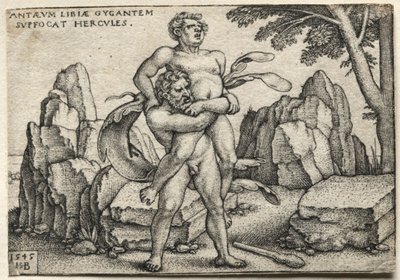 Herculesin työt: Hercules murskaamassa Antaeusta, 1545. tekijältä Hans Sebald Beham