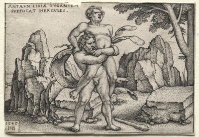 Herculesin työt: Hercules murskaamassa Antaeusta, 1545. tekijältä Hans Sebald Beham
