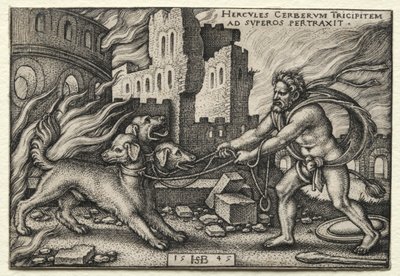 Herkuleen työt: Herkules vetää Cerberuksen alamaailmasta, 1545. tekijältä Hans Sebald Beham