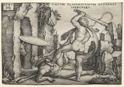 Herculesin työt: Hercules tappaa jättiläiskakuksen, 1545. tekijältä Hans Sebald Beham