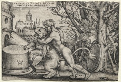 Herculesin työt: Herkules kuristaa Nemean leijonaa, 1548. tekijältä Hans Sebald Beham
