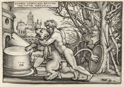 Herculesin työt: Herkules kuristaa Nemean leijonaa, 1548. tekijältä Hans Sebald Beham