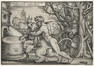 Herculesin työt: Herkules kuristaa Nemean leijonaa, 1548. tekijältä Hans Sebald Beham