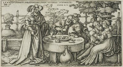 Tuhlaajapoika tuhlaamassa omaisuuttaan, levy kaksi julkaisusta The History of the Prodigal Son tekijältä Hans Sebald Beham