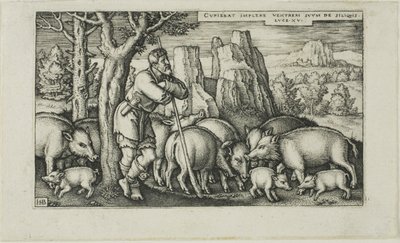 Tuhlaajapoika sian kanssa, levy kolme julkaisusta The History of the Prodigal Son tekijältä Hans Sebald Beham
