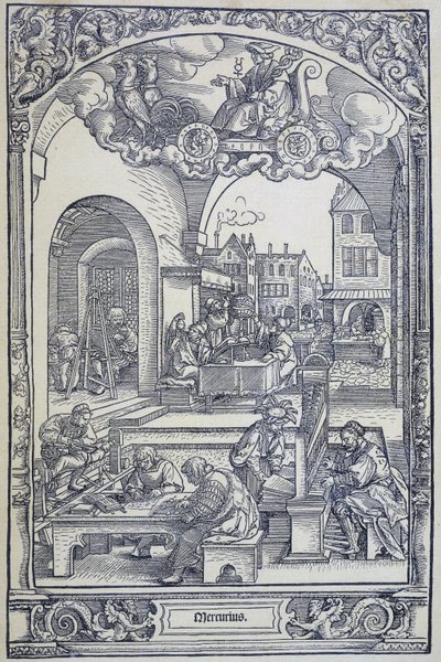 Merkuriusplaneetta ja taiteilijat, tutkijat ja teknikot, c1535 (kaiverrus) tekijältä Hans Sebald Beham