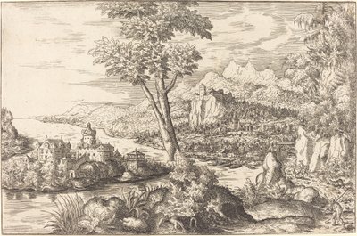 Maisema kolmen miehen kanssa, c. 15581559. tekijältä Hans Sebald Lautensack