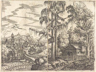 Maisema, josta on näkymät maanviljelijän mökille ja kaupunkiin lähellä jokea, 1551. tekijältä Hans Sebald Lautensack