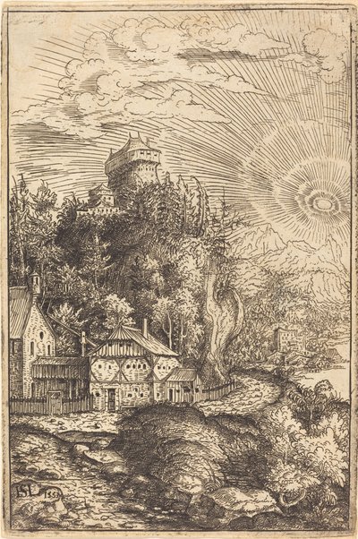 Maisema, jossa on linna ja säteilevä aurinko, 1553. tekijältä Hans Sebald Lautensack