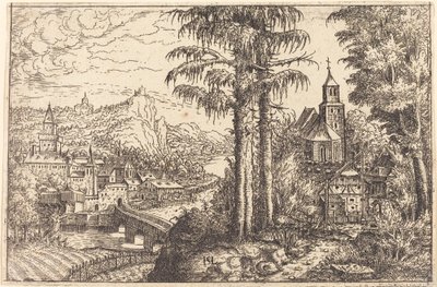 Näkymä kaupunkiin lähellä jokea, jonka oikealla puolella on kirkko, 1553. tekijältä Hans Sebald Lautensack