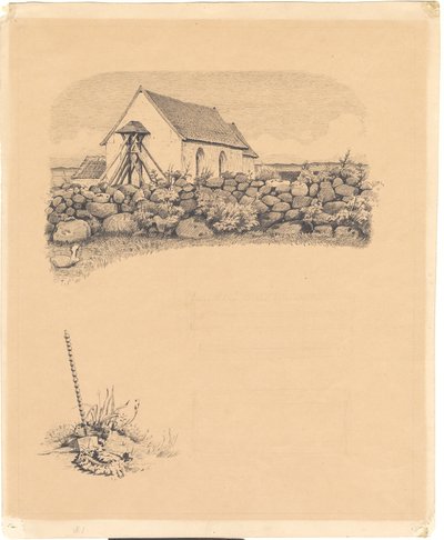 Kuvitus St. St. Valkaisuaineet: "Mowns". F.o.: kirkko kivien takana; f.n.: hautapaikka (?) lapiolla tekijältä Hans Smidth