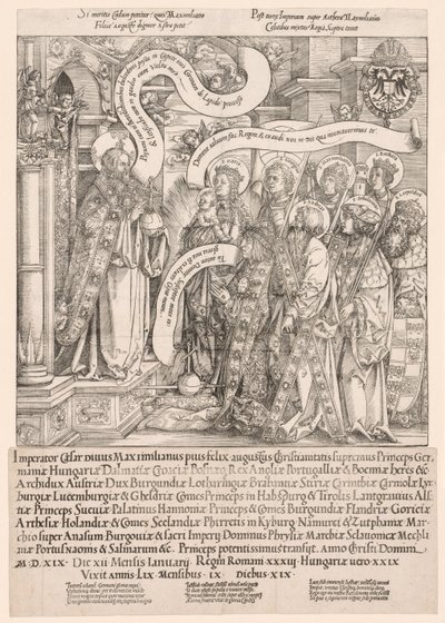 Maximilianin suojeluspyhimys esitti Kaikkivaltialle, 1519. tekijältä Hans Springinklee