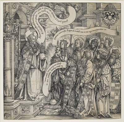 Maximilianin suojeluspyhimys esitti Kaikkivaltialle, 1519 tekijältä Hans Springinklee