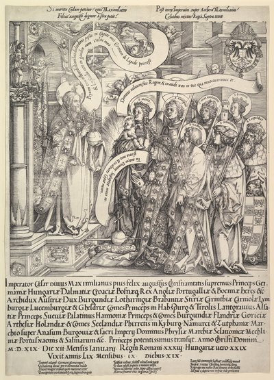 Maximilianin suojeluspyhimys esitti Kaikkivaltialle, 1519. tekijältä Hans Springinklee