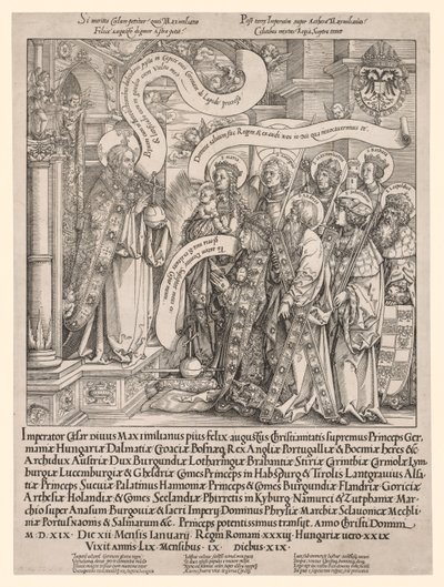 Keisari Maximilian, jonka hänen suojeluspyhinsä esittivät Kaikkivaltialle, 1519. tekijältä Hans Springinklee