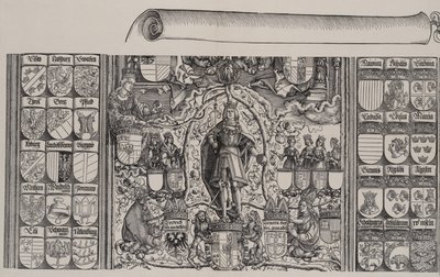 Maximilianuksen sukututkimuksen ylempi osa, käärön oikea reuna vuodelta 1515. tekijältä Hans Springinklee