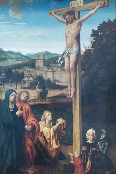 Kristus ristiinnaulittiin Marian, pyhän Johanneksen, pyhän Maria Magdaleenan ja suojelijoiden kanssa tekijältä Hans Suess Kulmbach