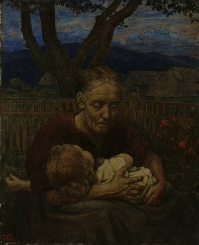 Äiti ja lapsi puutarhassa tekijältä Hans Thoma