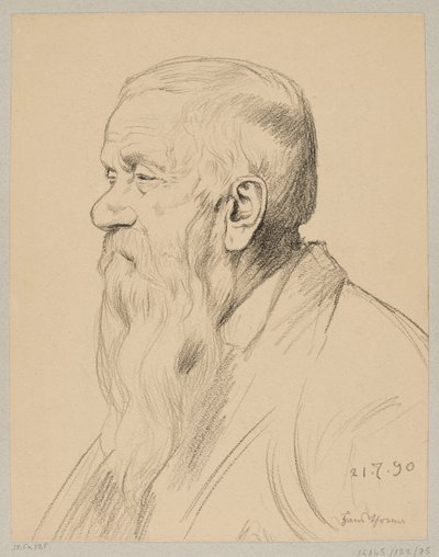 Pitkäpartainen vanha mies, kuvattuna profiilista tekijältä Hans Thoma