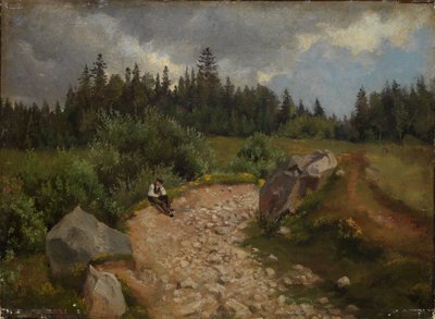 Kivinen polku metsän reunalla, jossa istuu mies tekijältä Hans Thoma