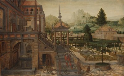 Palatsin puutarhat, jossa Lazarus etualalla tekijältä Hans Vredeman de Vries