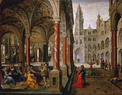 Palatsi muusikoiden kanssa - Hans Vredeman de Vries (Jan de Vriese tai Friedman de Frise) (1526-1606). öljy kankaalle tekijältä Hans Vredeman de Vries