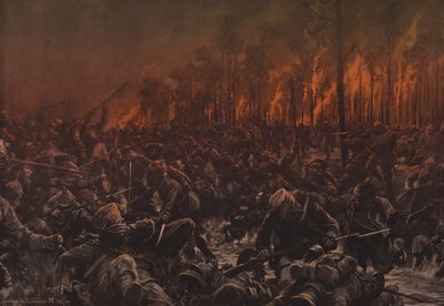 Yöhyökkäys brittiläisiä asentoja vastaan Yserillä (värilitho) tekijältä Hans W. (after) Schmidt
