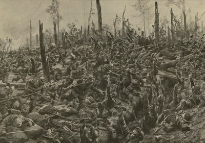 Saksan hyökkäys ranskalaisia hirsitaloja ja juoksuhautoja vastaan Bois-le-Pretressä 5. heinäkuuta 1915 tapahtuneen tykistöpommituksen jälkeen (litho) tekijältä Hans W. (after) Schmidt