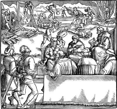 Oikeuden istunto. Kuvitus Petrarchin kirjasta Phisicke Against Fortune, 1532 tekijältä Hans Weiditz the Younger