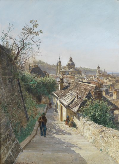 Blick auf die Salzburger Altstadt von der Nonnbergstiege aus gesehen tekijältä Hans Witt