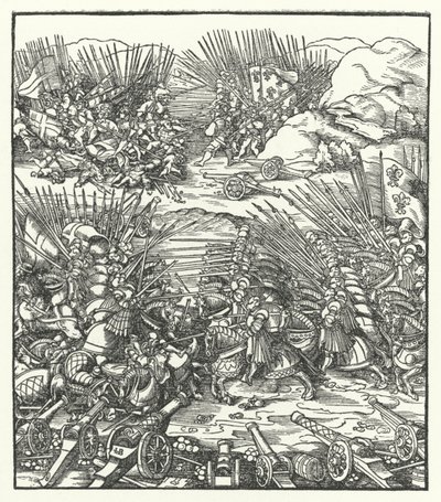 Taistelu Ranskan ja Venetsian armeijoiden välillä Cambrain liigan sodan aikana 1509 tekijältä Hans after Burgkmair