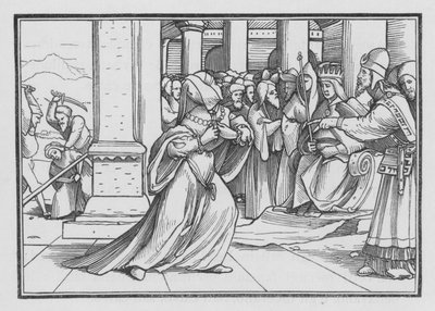 Atalja, joka pyrkii eteenpäin temppeliin, on vangittu ja tapettu, 2 Kings XI, 14 tekijältä Hans after Holbein the Younger