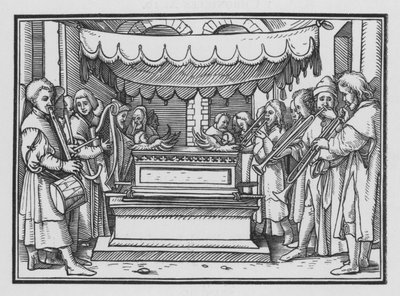 Daavid nimittää laulajien ja musiikin ryhmän ylistämään Herraa, 1 Chronicles XVI, 4 tekijältä Hans after Holbein the Younger
