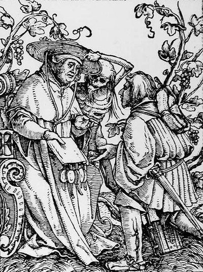 Kuolema ja kardinaali, teoksesta The Dance of Death, kaiverrus Hans Lutzelburger, n. 1538 tekijältä Hans after Holbein the Younger