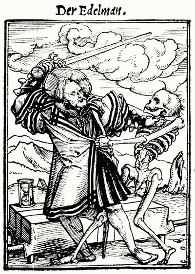 Kuolema ja aatelismies, teoksesta Kuoleman tanssi, kaiverrus Hans Lutzelburger, n. 1538 tekijältä Hans after Holbein the Younger