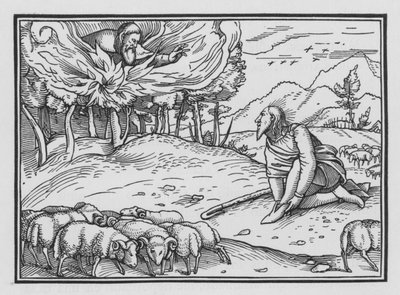 Jumala ilmestyy Moosekselle palavassa pensaassa, Exodus III, 5 tekijältä Hans after Holbein the Younger