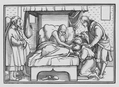 Jaakob siunasi Joosefin ja hänen kaksi poikaansa, Genesis XLVIII, 14 tekijältä Hans after Holbein the Younger