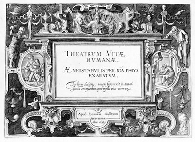Johannes Wierixin (1549-c.1618) kaiverruksen "Theatrum Vitae Humanae" nimiölehti, joka painettiin uudelleen vuonna 1638. tekijältä Hans or Jan Vredeman de Vries