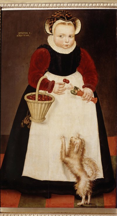 ""Pienen tytön muotokuva, jolla on kirsikoiden kori ja pieni nukke"" (Nuoren tytön muotokuva) Hänellä on mansikkakaulus Hans Bock vanhemman maalaus (noin 1550-1623) 1584 Pushkin-museo, Moskova tekijältä Hans the Elder Bock