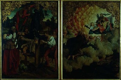 Pietarin ja Paavalin tarinat alttaritaulu: yksityiskohta, jossa Pietarin ristiinnaulitseminen, Paavalin taivaaseen astuminen (öljy paneelille) (yksityiskohta) (yksityiskohta) tekijältä Hans von Klumbach