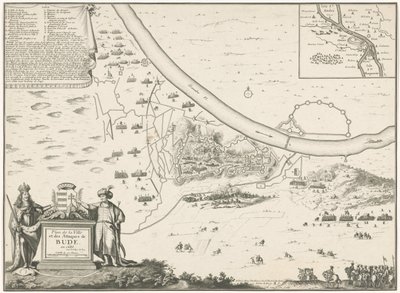 Plattegrond van Buda, 1686 Kaupunkisuunnitelma ja Buden hyökkäykset 1686 (otsikko esineessä) tekijältä Harmanus van Loon