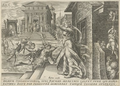 Rahab päästää vakoojia paeta ikkunan läpi The History of Joshua (sarjan nimi) tekijältä Harmen Jansz Muller