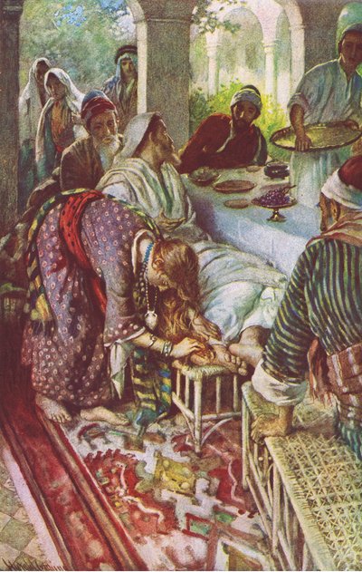 Kristus fariseuksen talossa, kuvitus Harold Copping Picturesista: The Crown Series, n. 1920-luku (värilitho) tekijältä Harold Copping