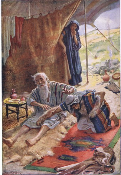 Iisak siunaa poikaansa Jacobia, kuvitus kuvista, jotka opettavat kruunusarjasta, 1920 tekijältä Harold Copping